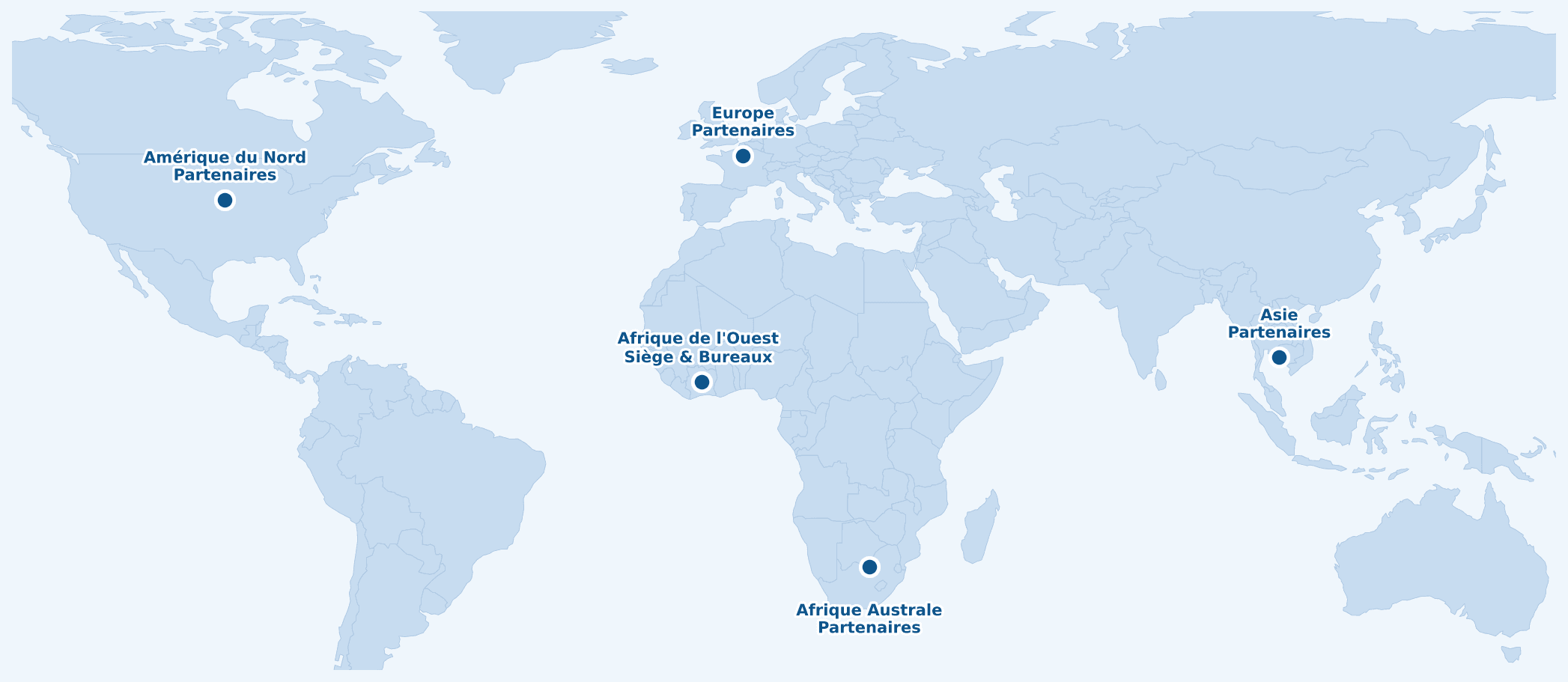 Carte du monde : implantations VOREX - Afrique de l'Ouest (Siège & Bureaux), Afrique Australe, Europe, Amérique du Nord et Asie (Partenaires)